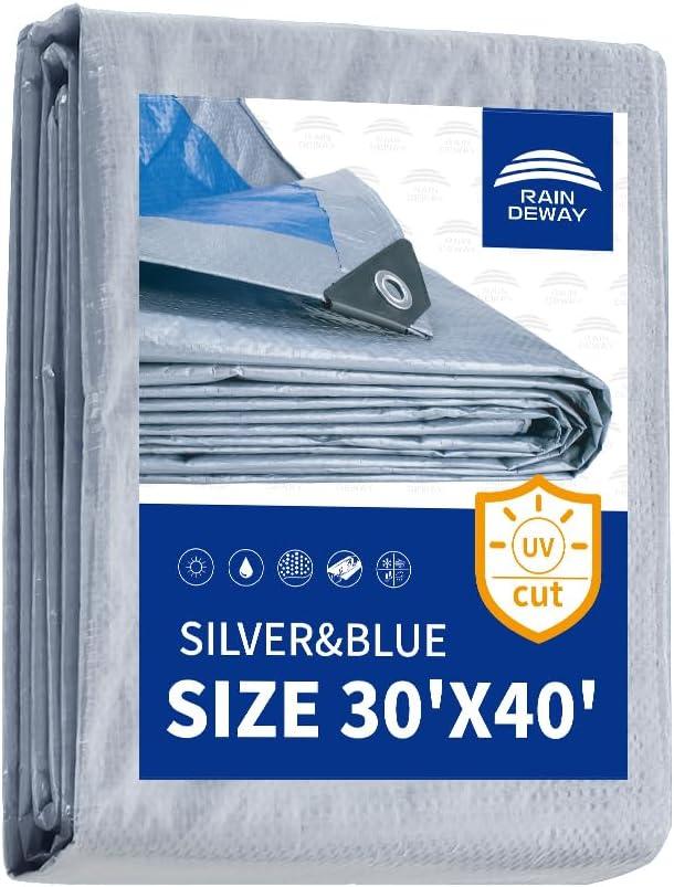RAINDEWAY Large Tarps Heavy Duty Waterproof 30x40 Feet 5.5 Mil Thick, Multipurpose Waterproof Poly Tarp Cover for Emergency Rain Shelter Silver/Blue Tarp Finished Size