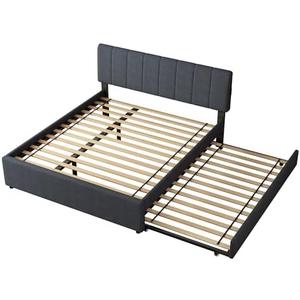 Queen Size Upholstered Platform Bed with Trundle and 1 Sets of USB, Linen Fabric Full and Twin Double Bed w/LED Lights with APP for Bedroom,Dark Gray
