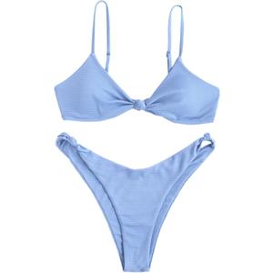 ZAFUL Women's Tie Knot Front Spaghetti Strap High Cut Bikini Set Swimsuit S