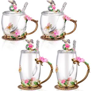 Nuanchu 4 Sets Flower Glass Tea Cups with Lids and Spoon Butterfly Vintage Glass Coffee Mugs Floral Fancy Clear Teacup for Mother Day Women Mom Wife Girlfriend(Pink,11 Oz,12 oz)