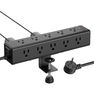 Desk Clamp Power Strip with PD 20W USB C, Desktop Edge Mount Surge Protector with 6 Outlet, Table Edge Socket with Switch, 6 ft Flat Plug Slim Extension Cord, Fit 1.8 inch Tabletop Thick