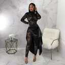 Women's Lace See Through Jumpsuit Bodycon Sexy Club Outfits Long Sleeve Pleated High Split Midi Skirt One Piece Set (Black, L)