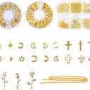 3 x 3 Boxes Gold Nail Charms with Gold Star, Moon, and Rose Charms for Nails - Includes Gold Beads and Chain