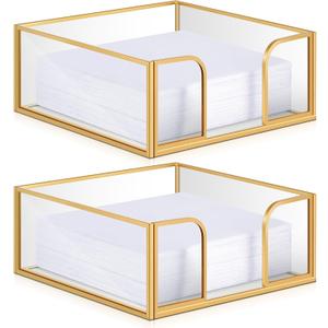 LemonRoad 2 Pcs square Gold Napkin Holder for Table 5.7 x 5.7 Inch Decorative Cocktail Napkin Holder Glass Flat Paper Basket for Kitchen Dining Buffet Bar Counter Wedding Party Restaurant Bar Hotel (Classic)