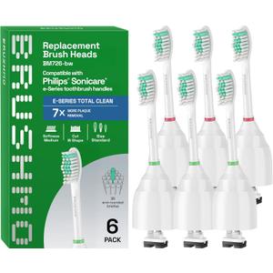 Brushmo e-Series Total Clean Replacement Toothbrush Heads, Compatible with Philips Sonicare Screw-on Electric Toothbrush Handles, 6 Standard Heads, Medium Firm Dupont Bristles, BM726-bw, White (6 Count (Pack of 1))