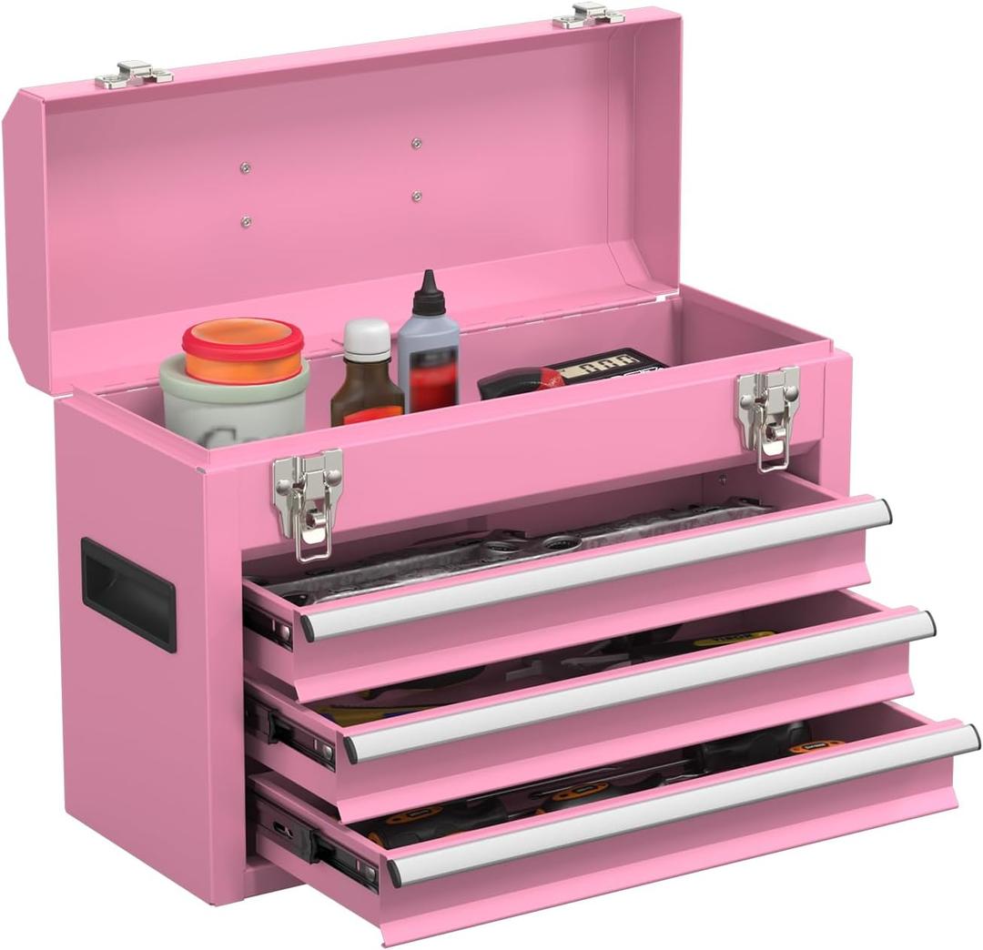 Portable Metal Tool Box with Drawers, Latches Tool Box with EVC Liners, Heavy Duty Tool Chest with Powder Coating for Garage, Office and Home (Pink)