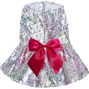 QWINEE Dog Dresses Sequin Dog Shirt Skirt Birthday Wedding Halloween Christmas Costume Dog Clothes for Cat Puppy Small Dog Silver Large