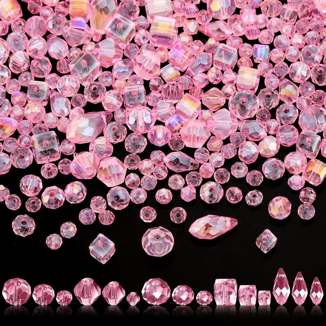 Kigeli 1280 Pcs Glass Beads Bulk Assorted Crystal Beads for Jewelry Making Faceted Teardrop Rondelle Briolette for DIY Crafts Necklace Wristband Earring Kit (Pink)
