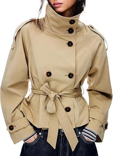 ASHER FASHION Cropped Trench Coat for Women，Long Sleeve Double Breasted Short Jacket, High Collar Fall Winter Coats, Size :S