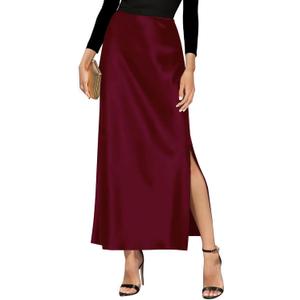 Women's Satin High Waisted Side Split Maxi Skirt Elastic Waistband Long Silk Skirts A-Line Skirts for Women (Wine Red)
