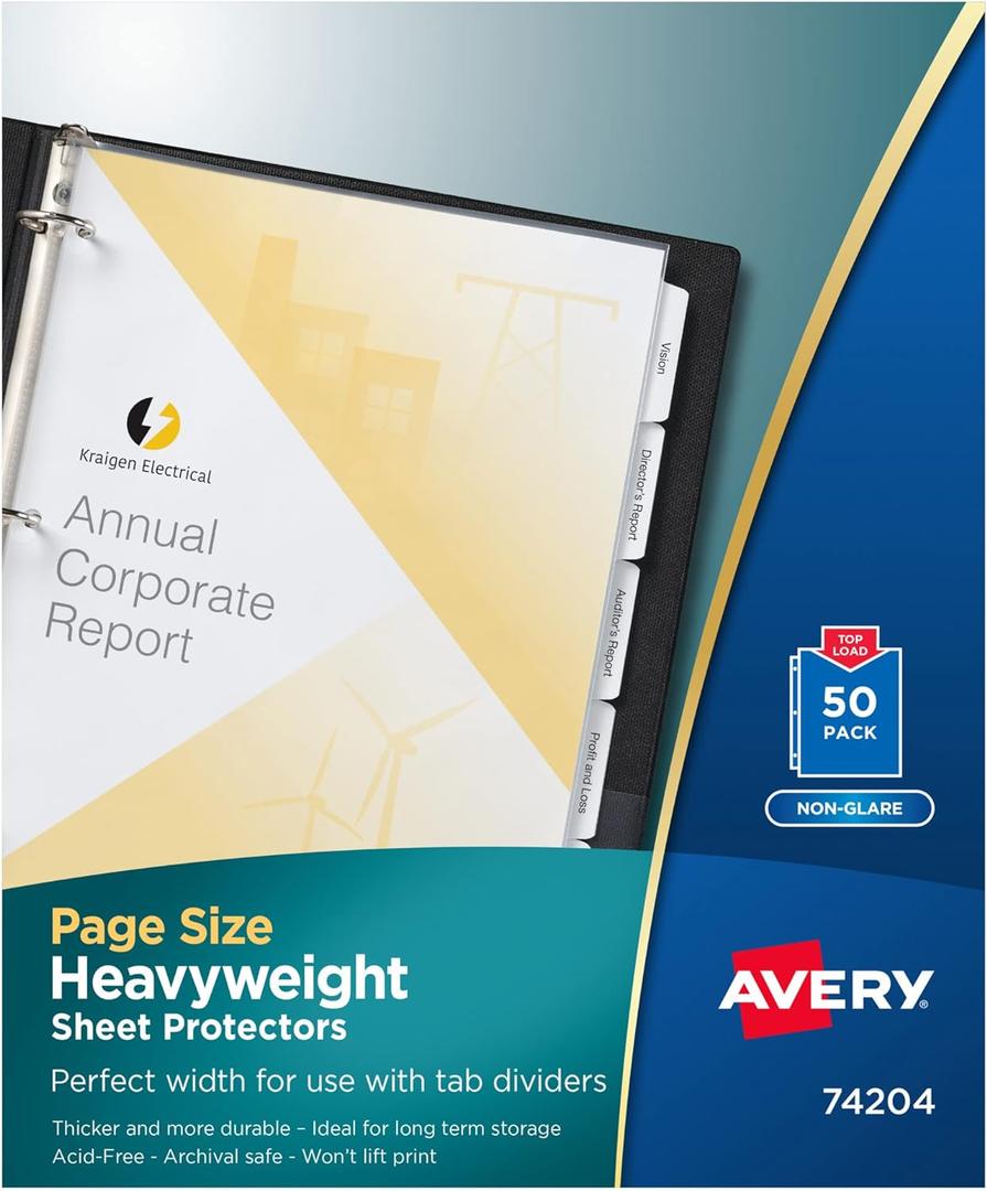 Avery Non-Glare Page-Size Sheet Protectors, Pre-Punched for Use with Tab Dividers, Top Load, 50 Document Protectors (74204)
