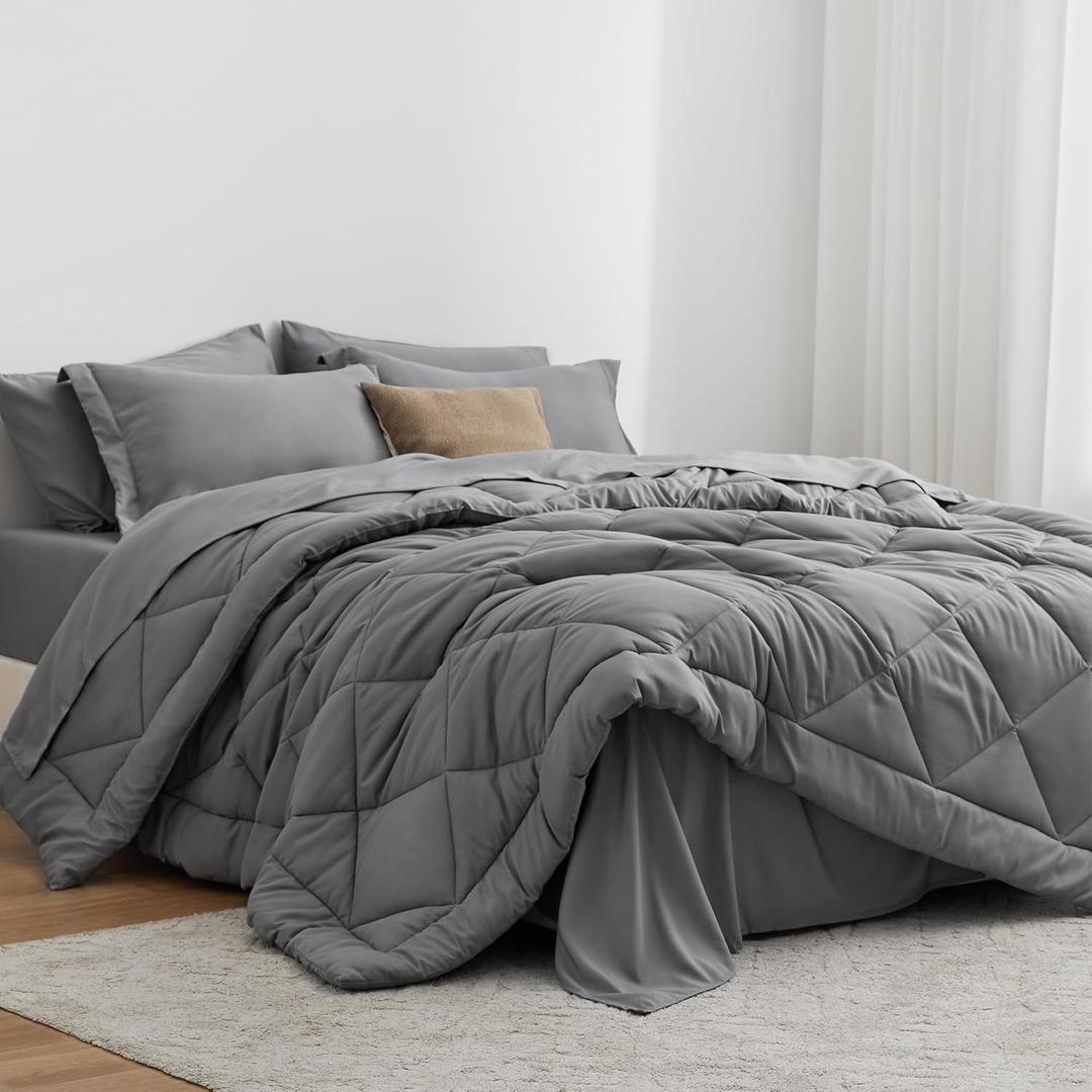 Love's cabin Queen Comforter Set Grey, 7 Pieces Queen Bed in a Bag, All Season Bedding Sets with 1 Comforter, 1 Flat Sheet, 1 Fitted Sheet, 2 Pillowcase and 2 Pillow Sham | Soft