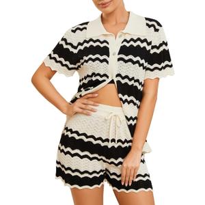 Moreone 2 Piece Lounge Set Women Short Sleeve Striped Crochet Knit Sets Two Piece Button Up Pajamas with Drawstring Shorts (Green, M)