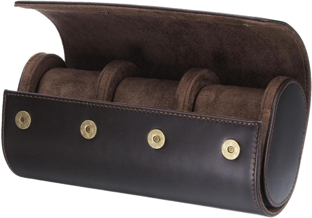 HARFINGTON Watch Roll Travel Case 3 Slots Portable Leather Storage Cases for Men and Women, Watches Storage Organizer with Removable Pillows for Traveling, Display, Home Storage, Coffee