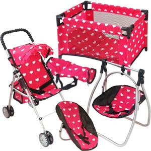 Deluxe Baby Doll Stroller with Crib Furniture Playset, Multi Baby Doll Accessories Set for 18" Dolls, Includes Doll Stroller Swing and Doll Bed Pretend Play for All Dolls - Pink