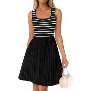 ZESICA Women's Summer Sleeveless Mini Dress 2025 Square Neck Striped Knit A Line Pleated Tank Dresses