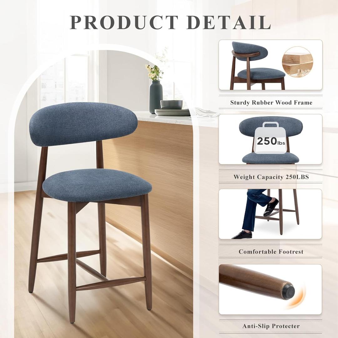 COLAMY Bar Stools with Back, Counter Height Bar Stools, Upholstered Counter Stools with Wood Legs for Kitchen Island Dining Room Bar, (Set of 1)