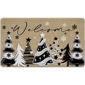 Welcome Black White Christmas Tree Decorative Front Door Mat, Xmas Holiday Doormat Indoor Outdoor Non-Slip Floor Entryway Rug, Winter Snowflake Farmhouse Home Kitchen Decoration 17x29 Inch