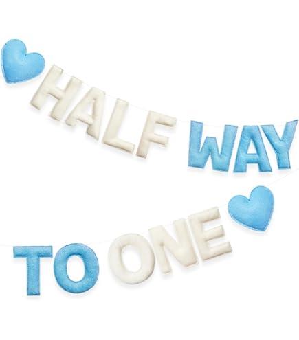 1/2 Way to One Birthday Decorations Blue Beige Handmade Felt Pre-Strung Half Way to One Sign Banner with Heart for 6 Months Birthday Baby Boy Decorations Party Nursery Home Wall Fireplace Decor