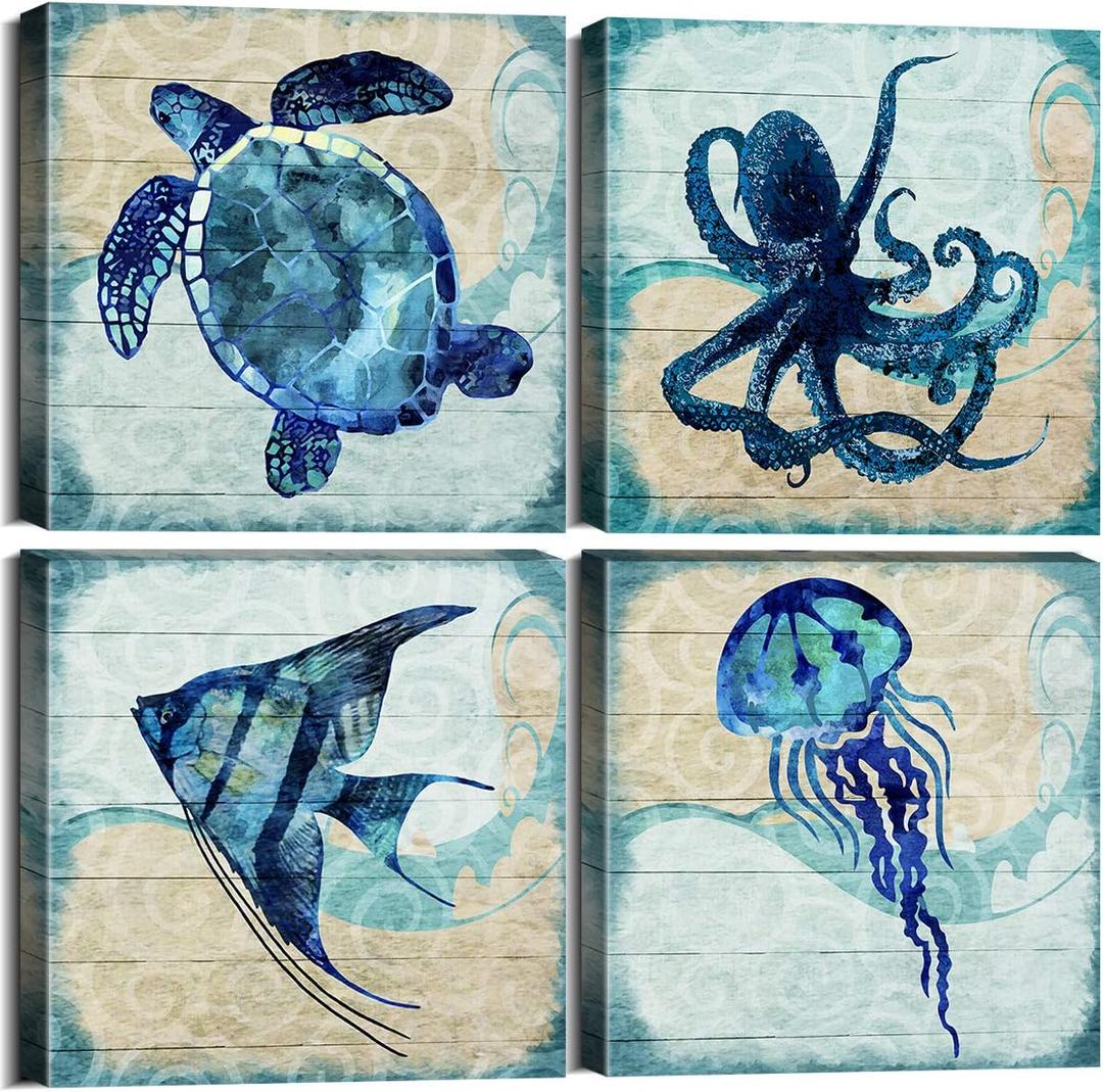 Navy Blue Ocean Animals Wall Art Beach Bathroom Decor Sea Turtle Octopus Jellyfish Canvas Pictures Kids Nursery Room Rustic Sea Fish Poster Artwork for Bedroom Living Room Home Decorations 16x16 4Pcs, 16x16in