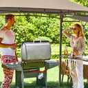 FAB BASED 5x8 Grill Gazebo with Extra Awning, All-Weather Steel Construction, Double Tiered & Resistant Canopy Roof, Metal Serving Shelves, 2 LED, Bottle Opener for Patio, Backyard, BBQ (Beige)