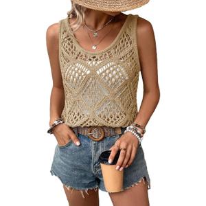 Imily Bela Womens Summer Crochet Tank Tops Knit Sleeveless Scoop Neck Sweater Vest Boho Hollow Out Cover Ups (M)