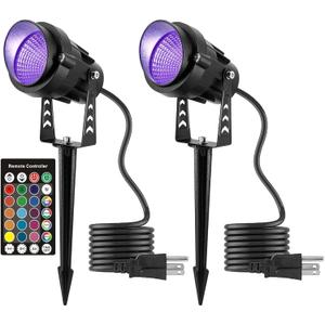 Color Changing Spotlight with Timer, 12W RGB Color Changing Spot Lights, LED IP65 Landscape Waterproof Outdoor Lights, Metal Case Spiked Stand for Garden Houses Trees Decorative(2 Pack)