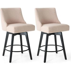 Vipbear Counter Height Bar Stools Set of 2, 26" H Swivel Bar Stools with Backs, Linen Fabric Upholstered Bar Chairs with Solid Wood Legs for Kitchen Island, Dining Room, Home Bar, Beige
