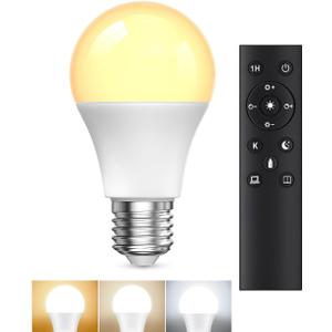 A19 LED Light Bulbs with Remote Control, 9W LED Bulbs 60W Equivalent, 3000K-6000K Stepless Dimmable, E26 Base, Remote Control Light Bulbs with Timing, Memory Function, for Home Decor, 1Bulb & 1Remote