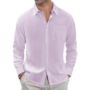 J.VER Men's Linen Shirts Casual Button Down Long Sleeve Shirt Solid Spread Collar Summer Beach Shirts with Pocket (Purple, XL)