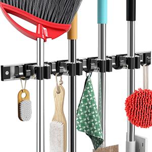 Mop and Broom Holder Wall Mount Metal Heavy Duty Utility Hooks Broom Organizer Garage Storage Systems Tool Racks for Home Laundry Garden Kitchen Organization (Black, 1 Pack 4R5H)