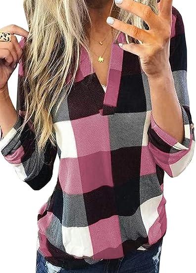 Dokotoo Womens Basic Casual V Neck Plaid Print Cuffed Long Sleeve Work Tops Blouses Shirts (Large, Pink)