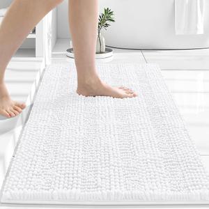 Grandaily Chenille Striped Bathroom Rugs 30x20, Extra Thick and Absorbent Bath Mats, Non-Slip Soft Plush Shaggy Shower Carpet, Machine Wash Dry, Bath Rug for Bathroom, (Medium, White)