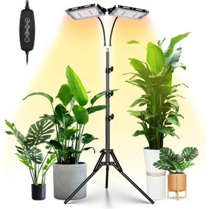 LORDEM Grow Light with Stand, Full Spectrum LED Plant Light for Indoor Plants, 200W Dual Heads Grow Lamp with Auto On/Off Timer, 3 Lighting Modes, 6 Dimmable Levels, Adjustable Tripod 15-63 inches