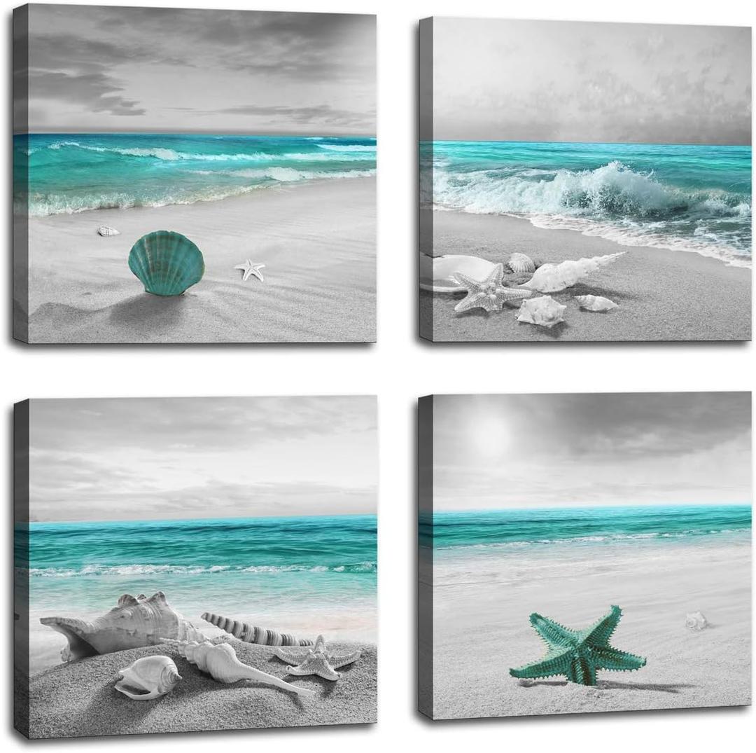 BQVCT 4 panels green ocean beach wall decoration for bathroom beach canvas prints natural pictures home artwork bedroom living room wall art ready to hang size: 12x12inch/set