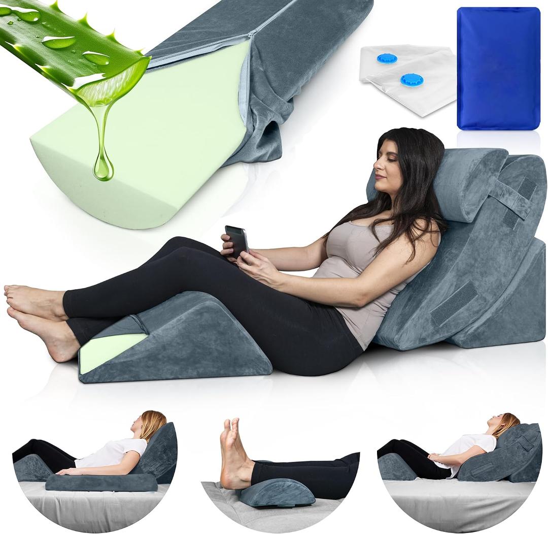 Lunix LX5 4-Piece Support for Shoulder & Upper Body Rest, Orthopedic Bed Wedge Pillow Set, Elevated Memory Foam for Post-Op Recovery & Sleep Comfort, Stone Navy with Aloe Vera