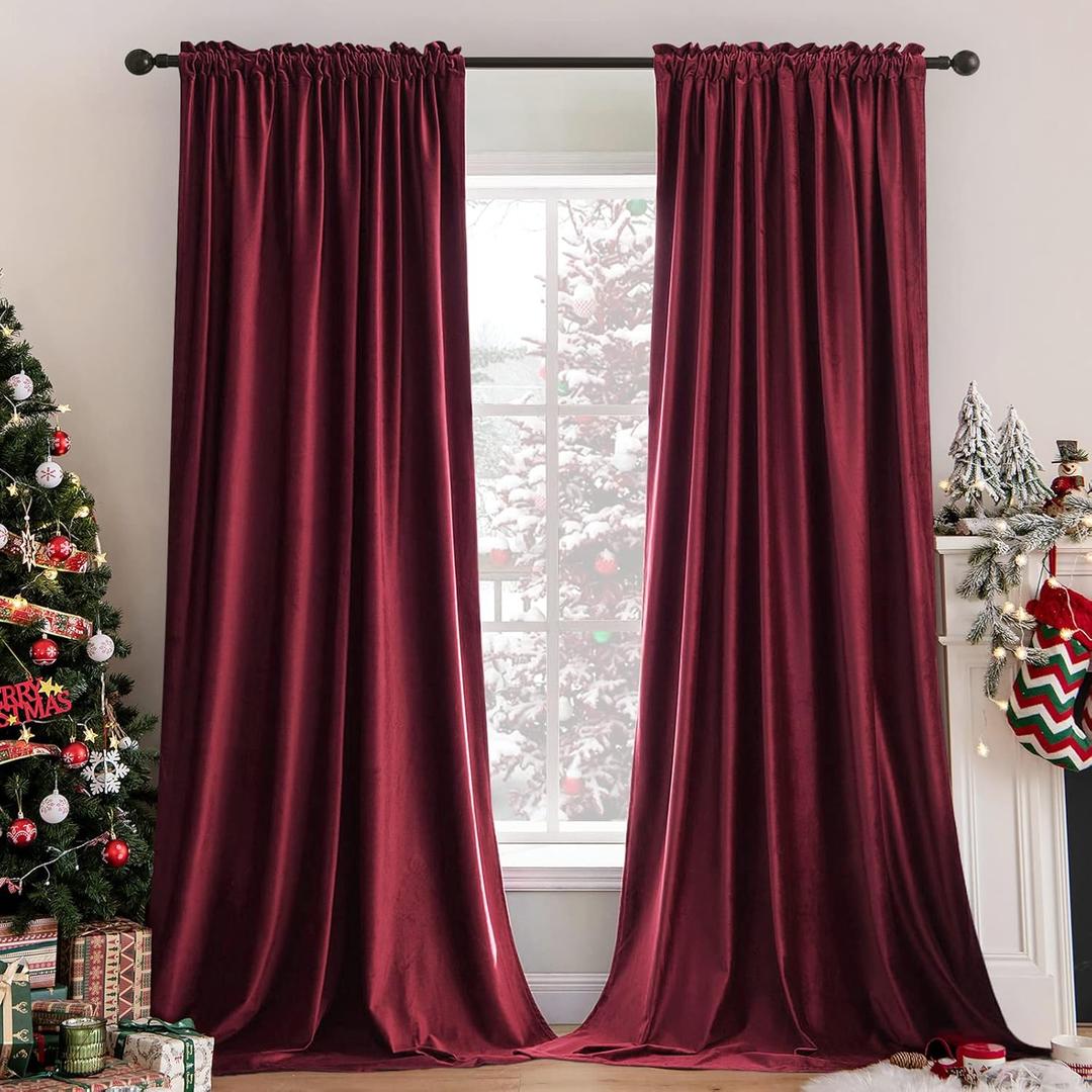 MIULEE Burgundy Velvet Curtains Thermal Insulated Blackout Curtain Christmas Drapes for Bedroom Living Room Darkening 108 Inches Long Curtains Panels Rod Pocket Set of 2