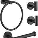 Lairuier Bathroom Hardware Set, 4-Piece Towel Bar Set Include Toilet Paper Holder,Towel Ring and 2 Towel Hooks Stainless Steel Wall Mounted Bathroom Hardware Accessories Set (Matte Black) (Black a)