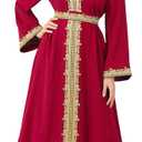 IBAKOM Abaya for Women Floral Lace Ethnic Moroccan Dress Muslim Dubai Attire Islamic Clothes Wedding Eid Ramadan Jalabiya (X-Large, Red)