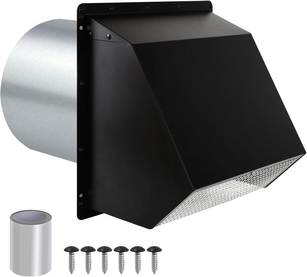 8 Inch Wall Vent Hood Wall Exhaust Vent Cover Outdoor Hooded Wall Vent with Screen and Damper,Wall Vent Cover Cap Exterior Air Exhaust for Kitchen Range Hood HVAC Duct Dryer Vent,Galvanized Steel (Black)