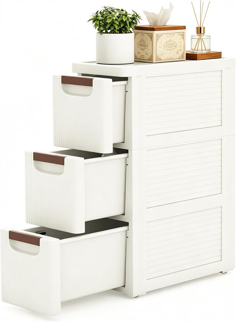 3 Drawers Narrow Bathroom Storage Cabinet, Slim Storage Cabinet, Plastic Slim Storage Cart Drawers for Small Spaces, Laundry, Office, Home, White, 3 Tiers
