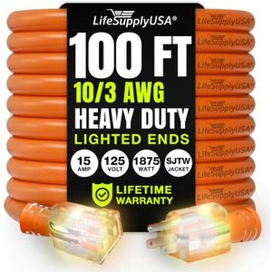 100ft Outdoor/Indoor Extension Cord 10/3 Gauge Ultra Heavy Duty 3 Prong SJTW, Waterproof, Flexible Cold-Resistant Long Power Cord,15A 125V 1875W, Orange by LifeSupplyUSA