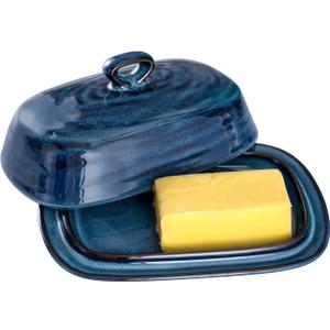 Hasense Butter Dish with Lid, Ceramic Butter Dish with Knife for Countertop with Covered, Large Butter Keeper Handle Design, Blue (Navy)