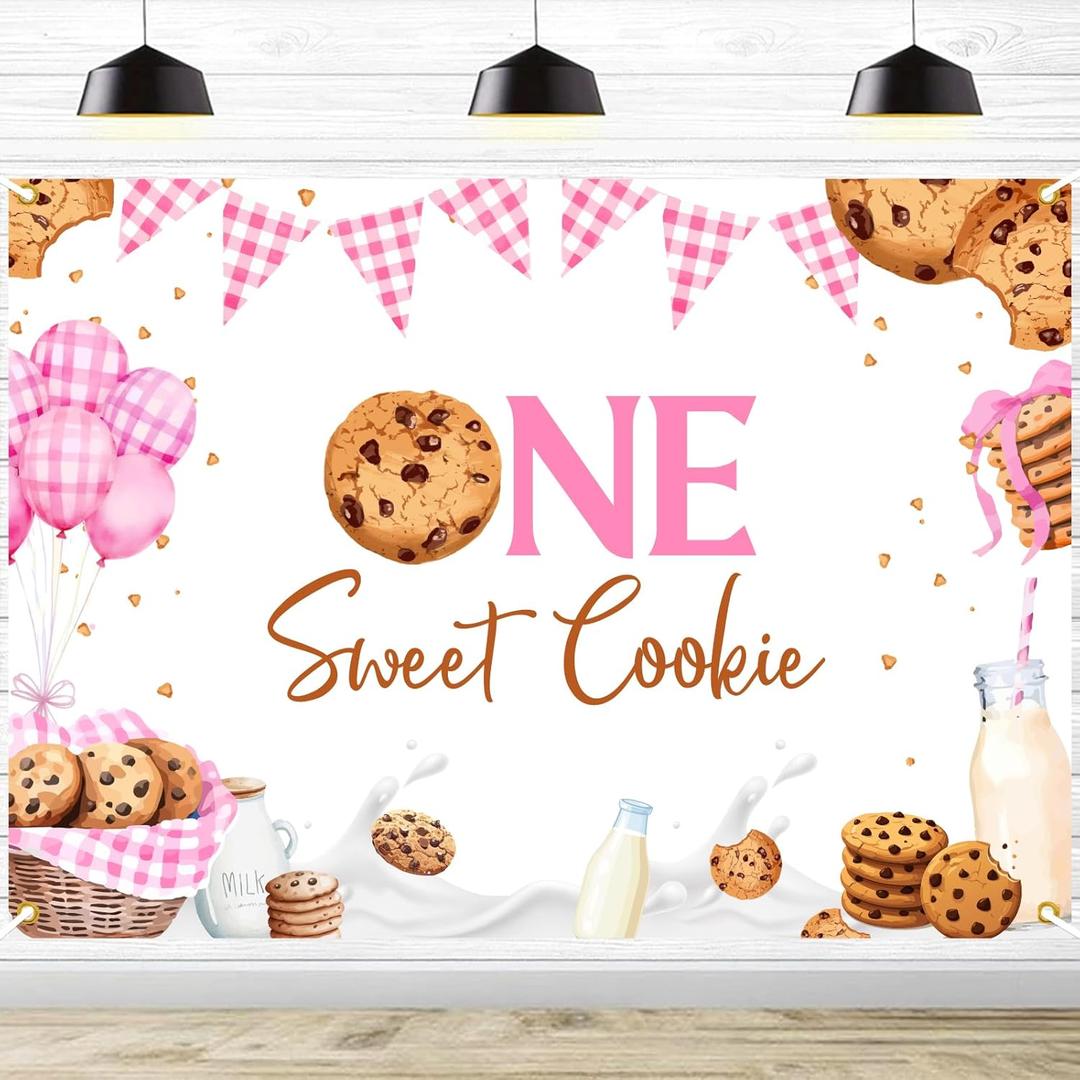 One Sweet Cookie Backdrop - Milk and Cookies First Birthday Party Decorations, One Sweet Girl Sign, Girls' 1st Birthday Party Photography Background, Cookie 1st Birthday Party Decorations (7x5ft)