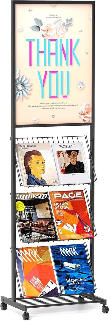 lesolar Floor-Standing Magazine Rack with Poster Board Stand 4-tier Newspaper Holder Book Display Shelf Brochure Display Stand Poster Sign Holder with Wheels Suitable for Exhibitions Store Business