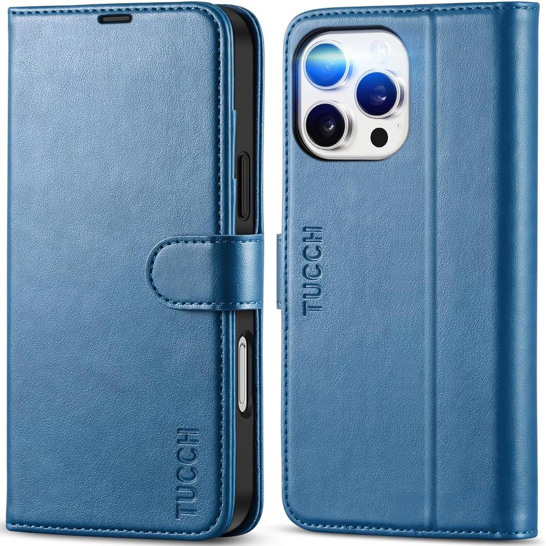 TUCCH Wallet Case for iPhone 16 Pro Max, Magnetic PU Leather Stand Flip Cover with 4 Card Slots TPU Shockproof Interior Case [RFID Blocking] Folio Compatible with iPhone 16 Pro Max 5G, Light Blue