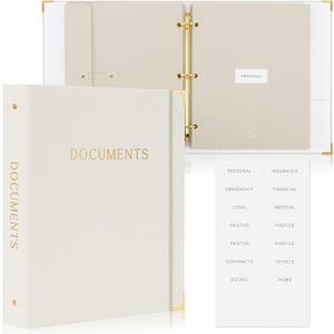 Sturdy Document Organizer Set with Folders - Beautiful Linen 3-Ring Binder Safely Stores All Important Documents & Files in One Place - Easy to Use Expanding Storage Incl. Envelopes, Pockets & Labels (Beige)