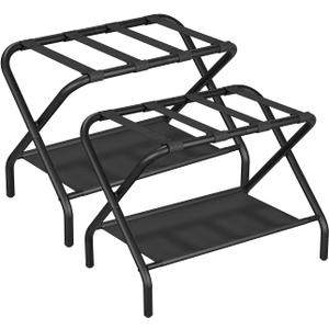 Smuxee Black Luggage Rack Pack of 2, Foldable Suitcase Stand with Fabric Storage Shelf, Luggage Holder with 4 Nylon Straps for Guest Room Bedroom Hotel