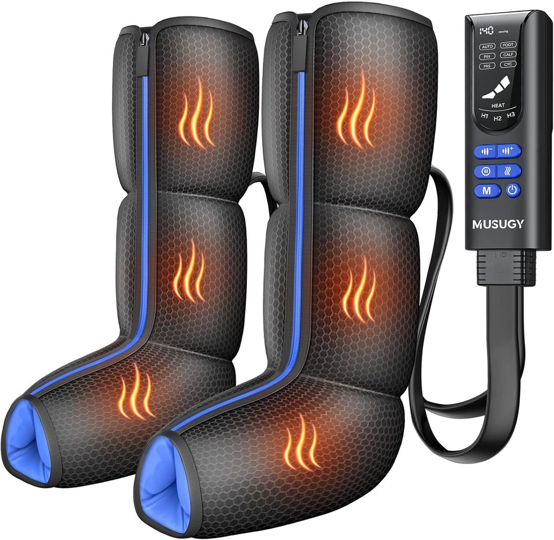 Air Compression Leg Massager with Heat : MUSUGY Sequential Foot and Calf Massager for Circulation and Pain Relief, with 9 Intensity, 6 Modes, 3 Heat - for Mom, Dad, Standing Jobs & Daily Relaxation