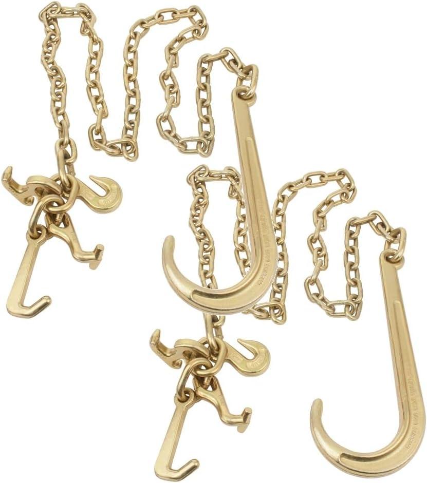 Mytee Products 2 Pack 5/16"x8' Leg G70 15" Long Shank J Hook Tow Chain w/RTJ Cluster Hook & Grab Hook - 4700 lbs WLL Heavy Duty Transport Truck Chain for Car Wrecker Recovery - Towing Equipment